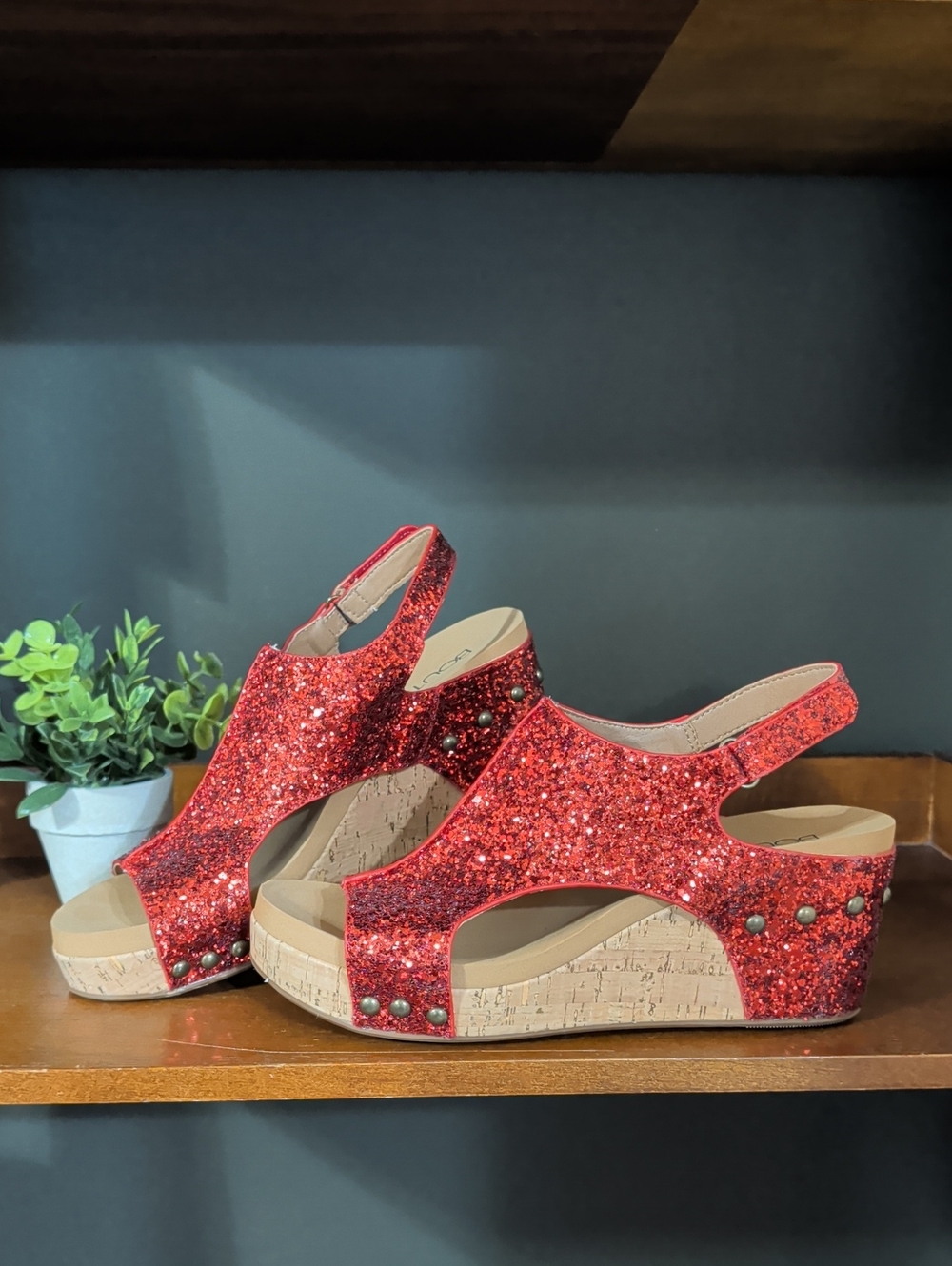 Sparkling Red Glitter Wedge Sandals with Stud Accents